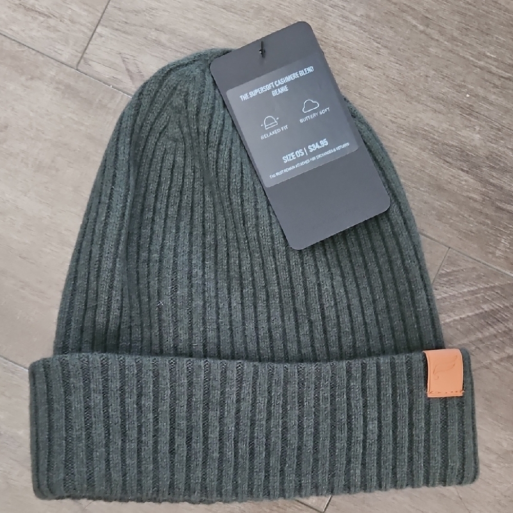 Fabletics Green Ribbed Knit Hat with Leather Patch